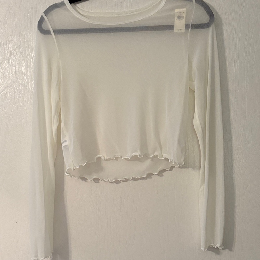 Aerie Sheer Cream Long Sleeve Blouse